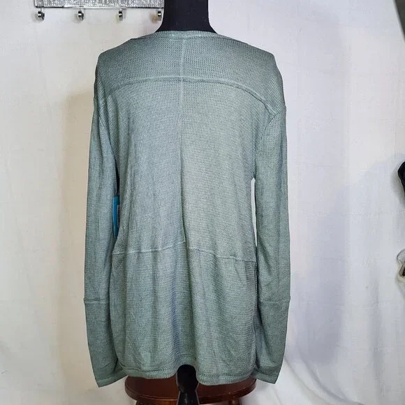 Fringe Studios Green Cotton Poly LS Deep Side Slit High Low Waffle Knit Top Sz M - Picture 10 of 16